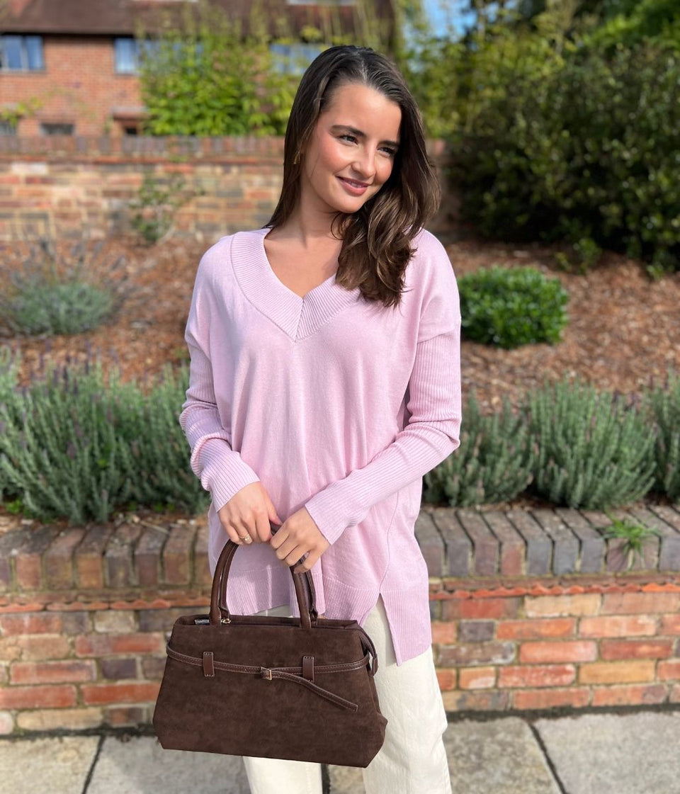 Pink Fine Knit V Neck Tunic Jumper