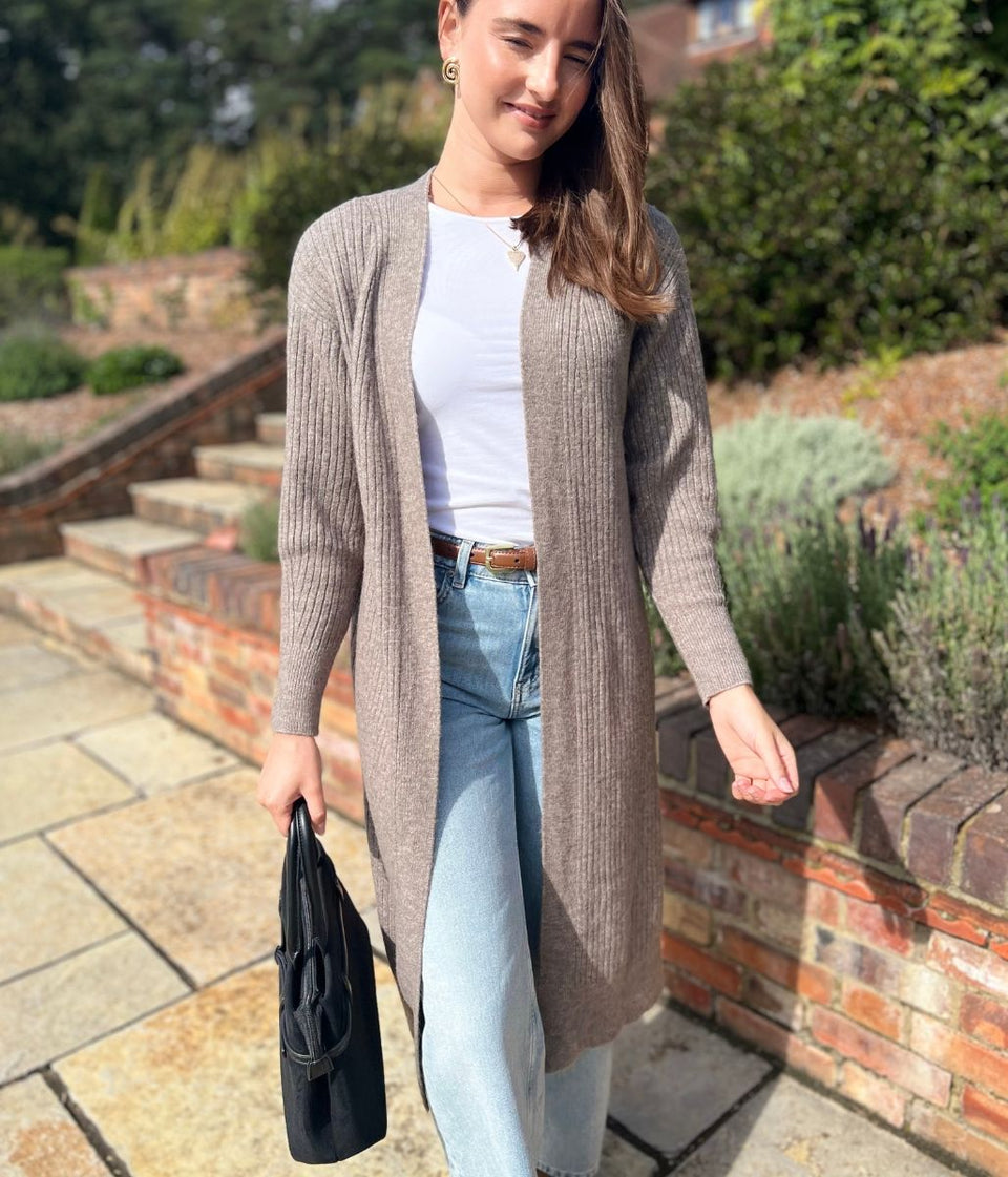 Brown Ribbed Edge to Edge Longline Cardigan
