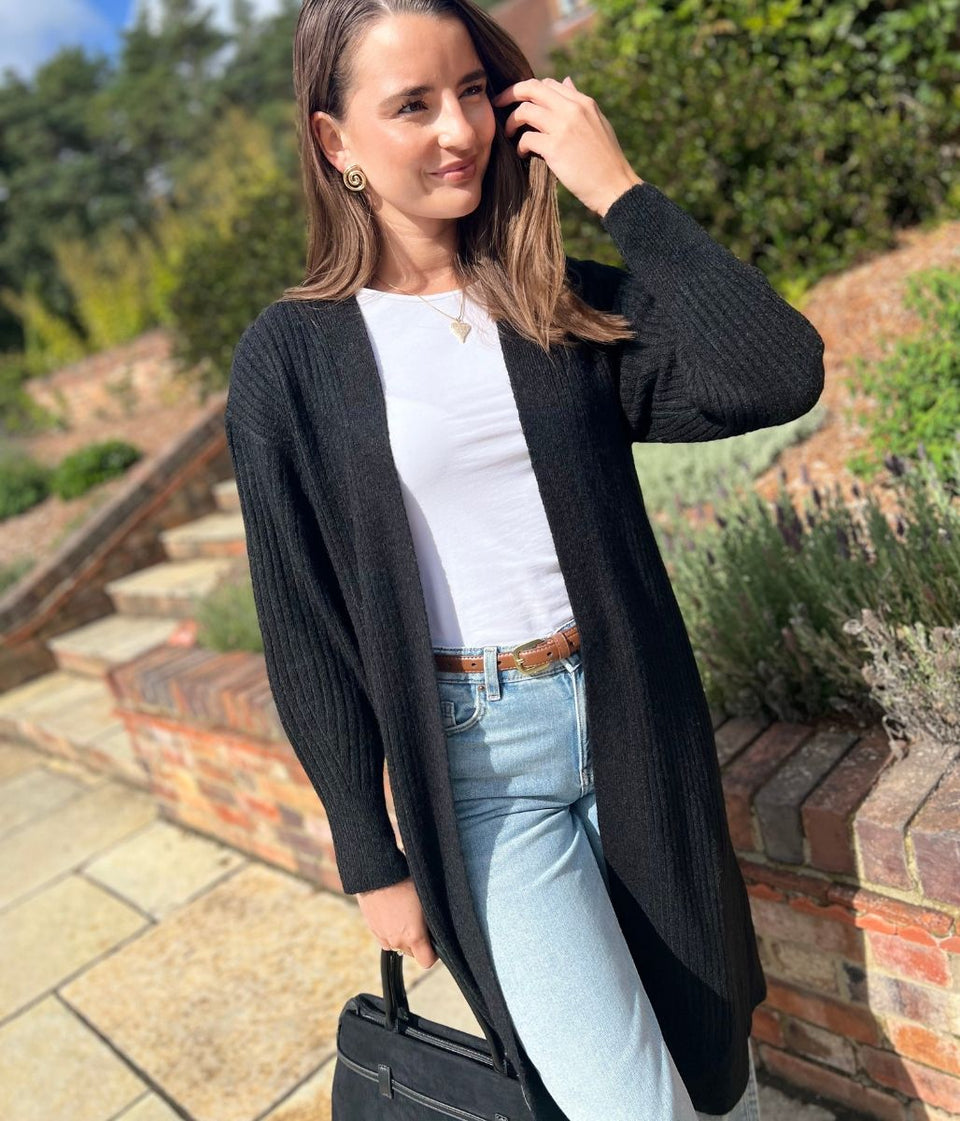 Black Ribbed Edge to Edge Longline Cardigan
