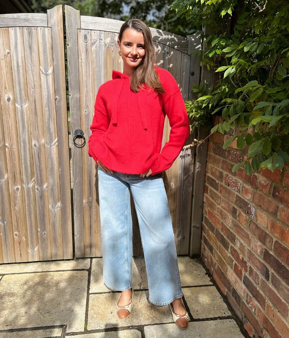 Red Relaxed Knitted Hooded Jumper
