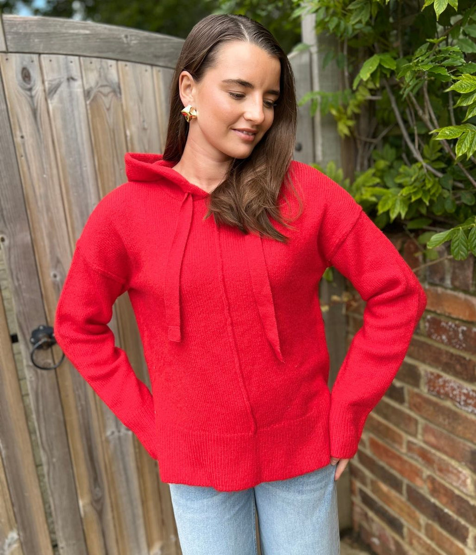 Red Relaxed Knitted Hooded Jumper