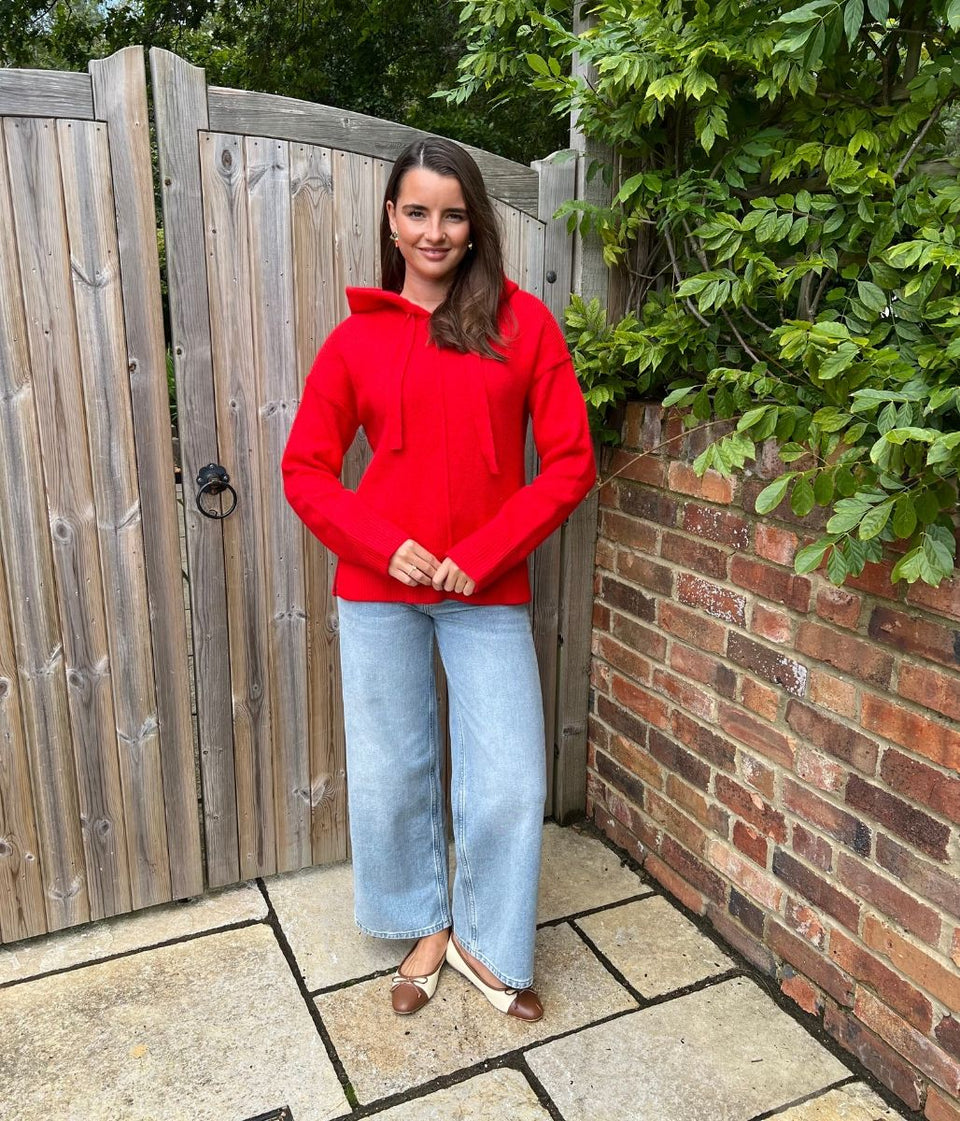 Red Relaxed Knitted Hooded Jumper