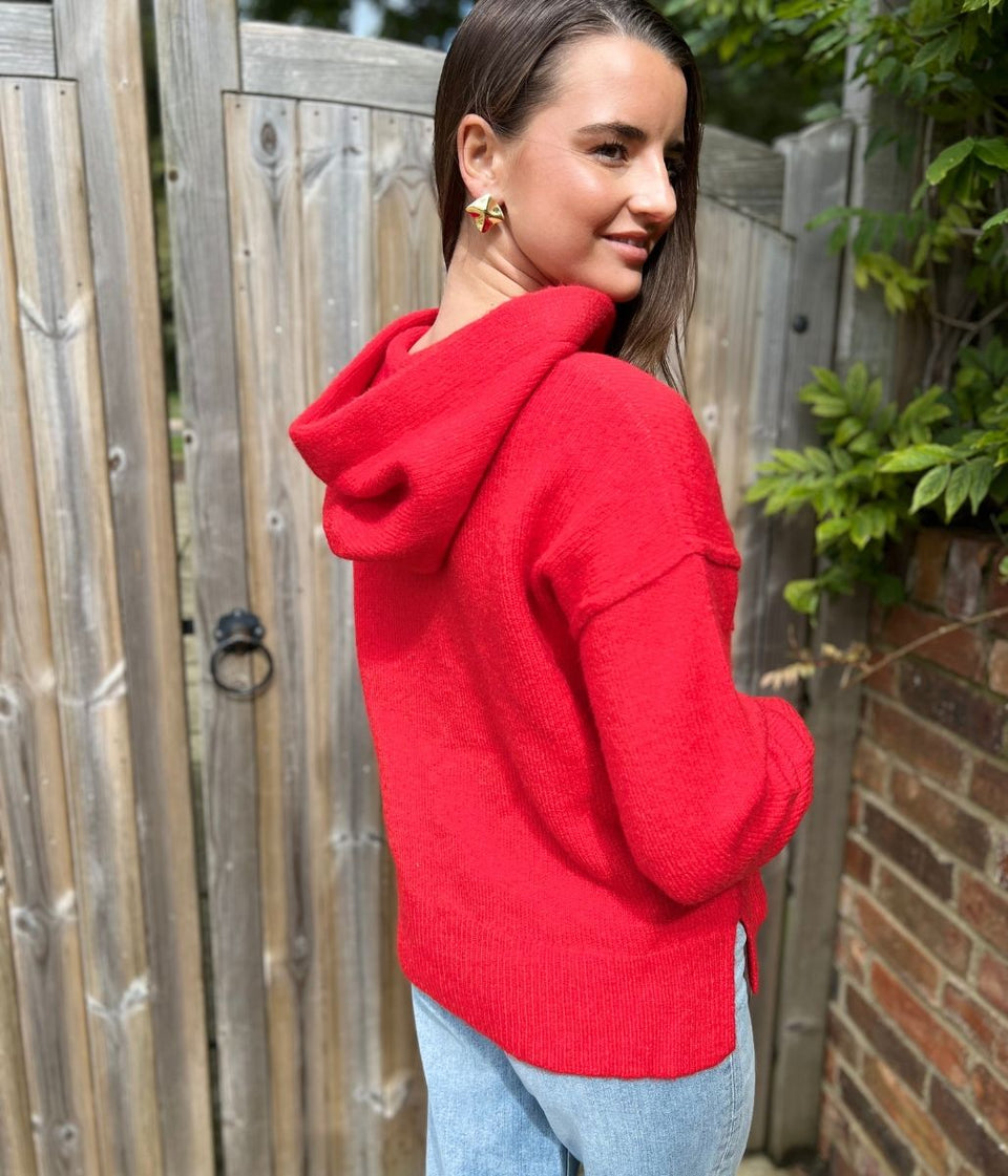 Red Relaxed Knitted Hooded Jumper