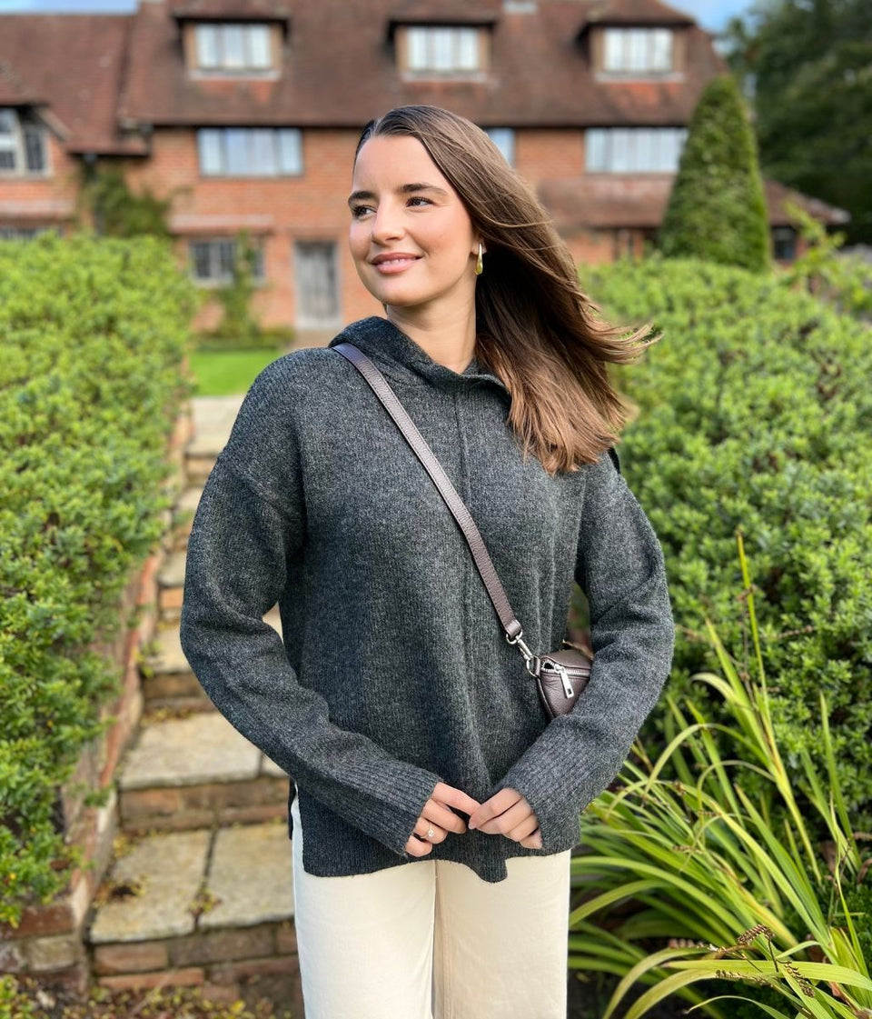 Charcoal Relaxed Knitted Hooded Jumper