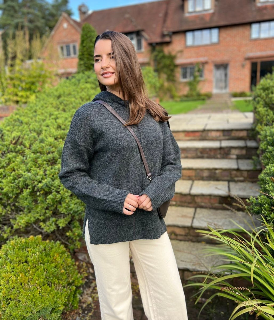 Charcoal Relaxed Knitted Hooded Jumper