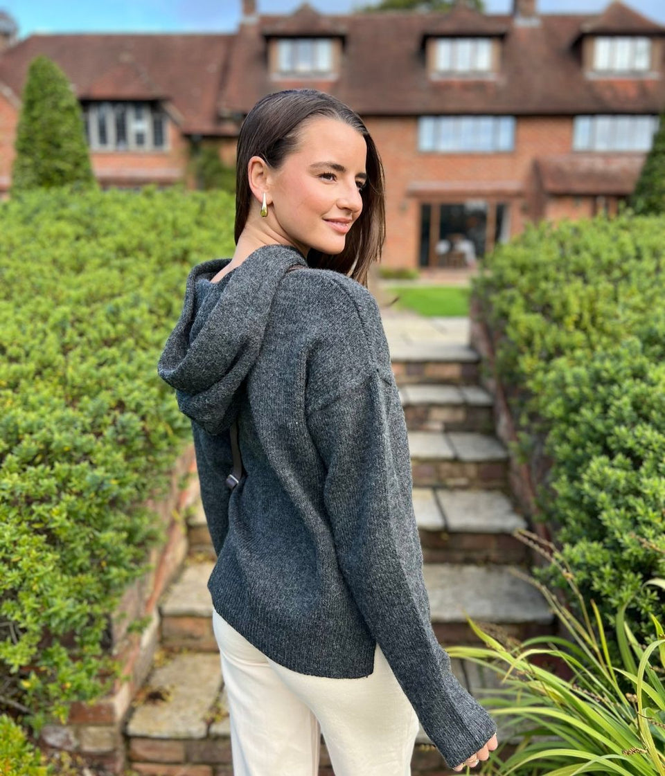 Charcoal Relaxed Knitted Hooded Jumper