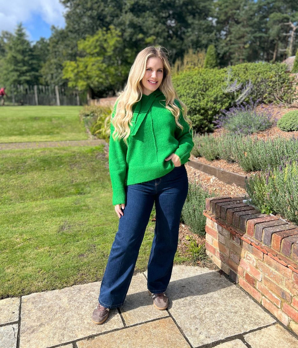 Green Relaxed Knitted Hooded Jumper