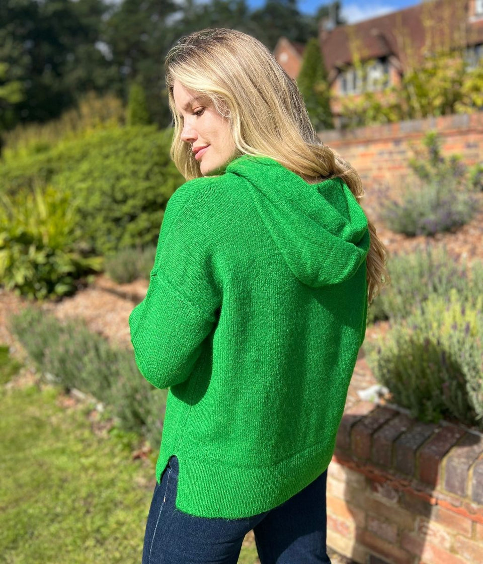 Green Relaxed Knitted Hooded Jumper