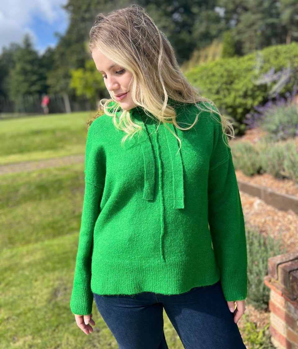 Green Relaxed Knitted Hooded Jumper