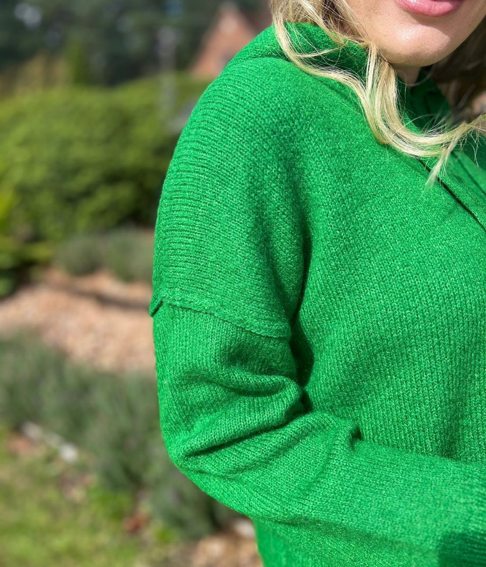 Green Relaxed Knitted Hooded Jumper
