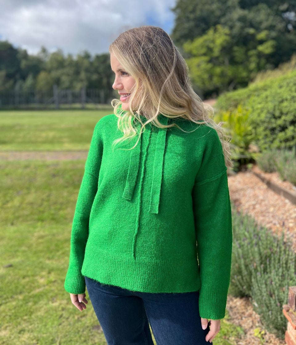 Green Relaxed Knitted Hooded Jumper