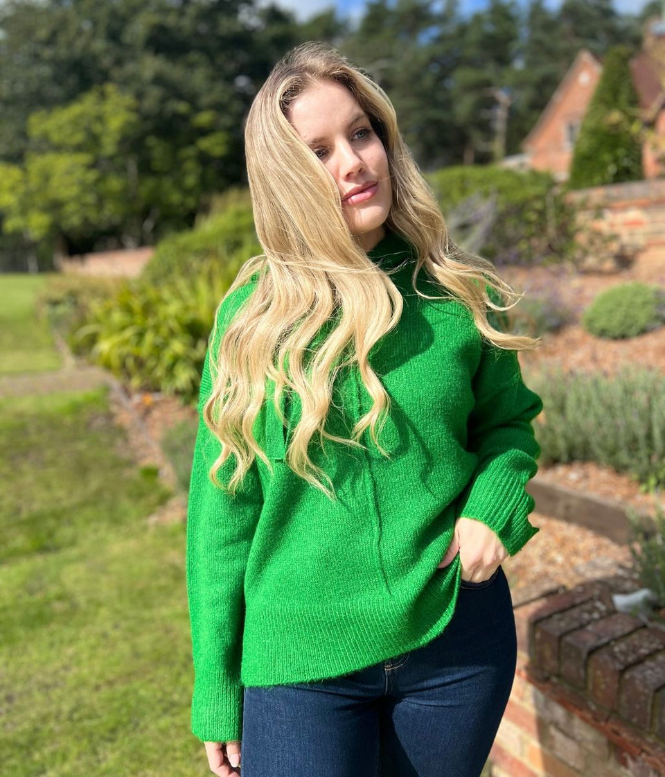Green Relaxed Knitted Hooded Jumper