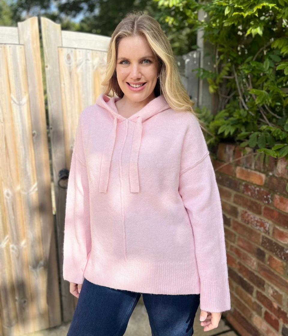 Pink Relaxed Knitted Hooded Jumper