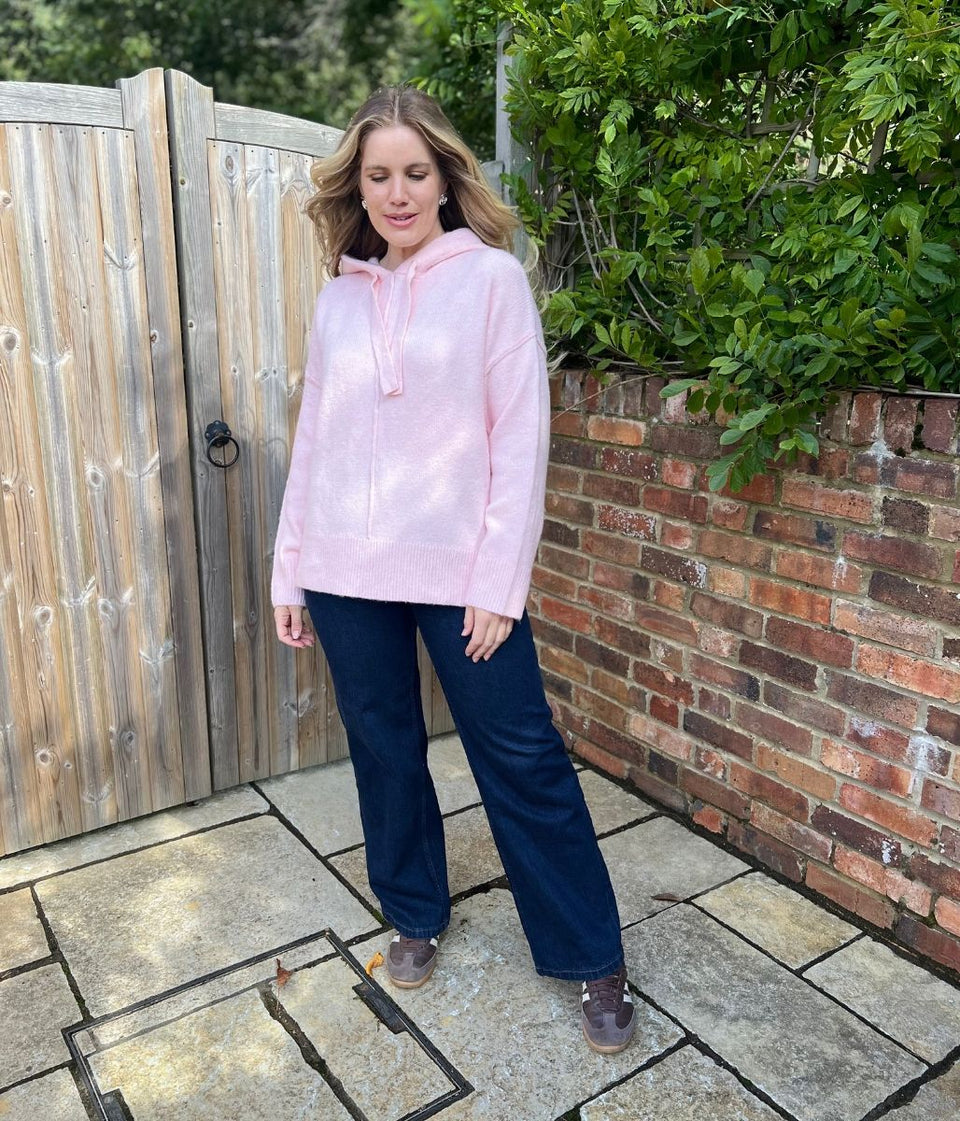 Pink Relaxed Knitted Hooded Jumper