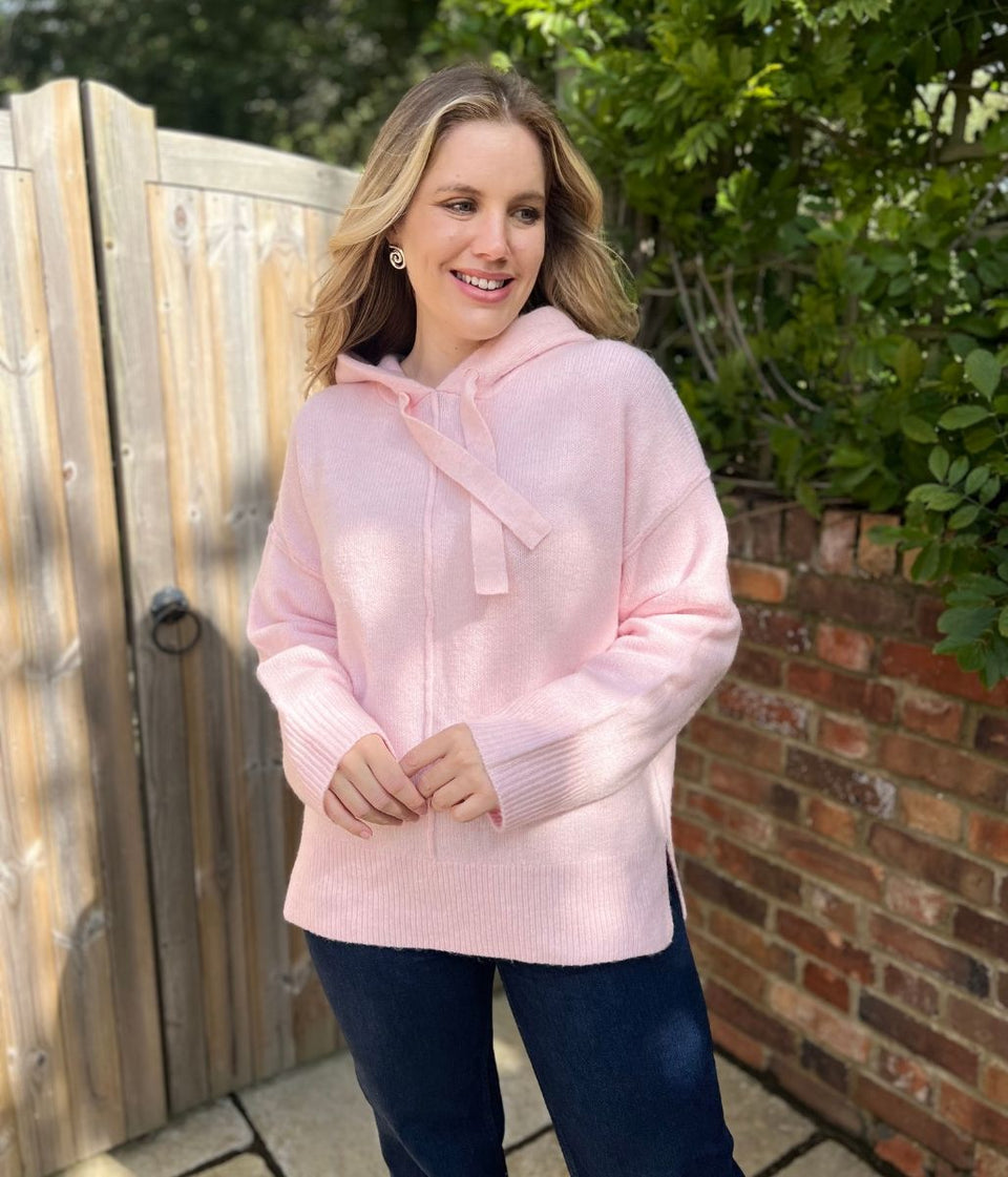 Pink Relaxed Knitted Hooded Jumper