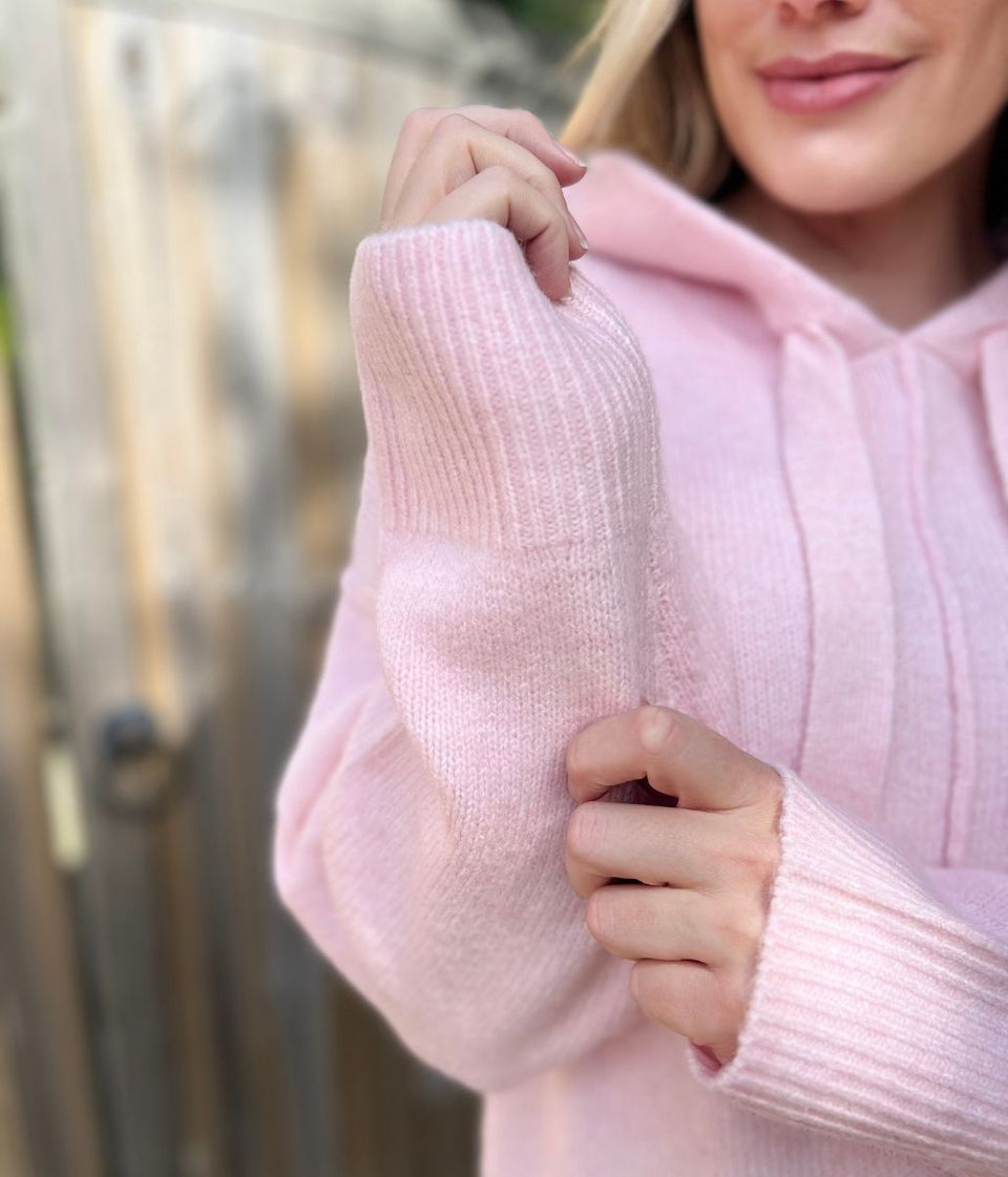Pink Relaxed Knitted Hooded Jumper