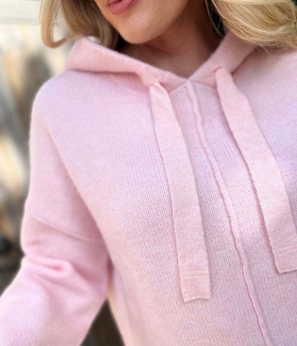 Pink Relaxed Knitted Hooded Jumper