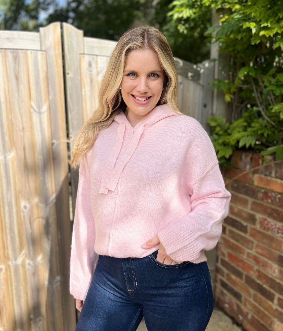 Pink Relaxed Knitted Hooded Jumper