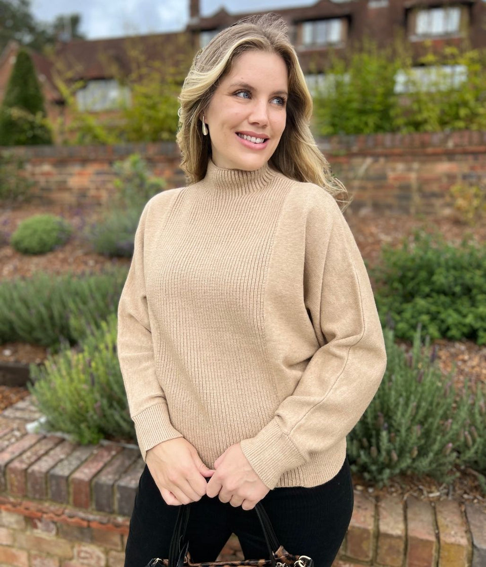 Camel Turtle Neck Ribbed Batwing Jumper