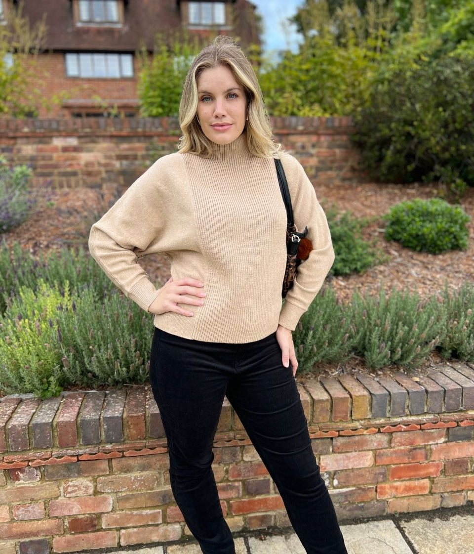 Camel Turtle Neck Ribbed Batwing Jumper