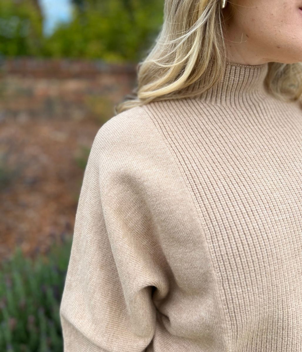 Camel Turtle Neck Ribbed Batwing Jumper