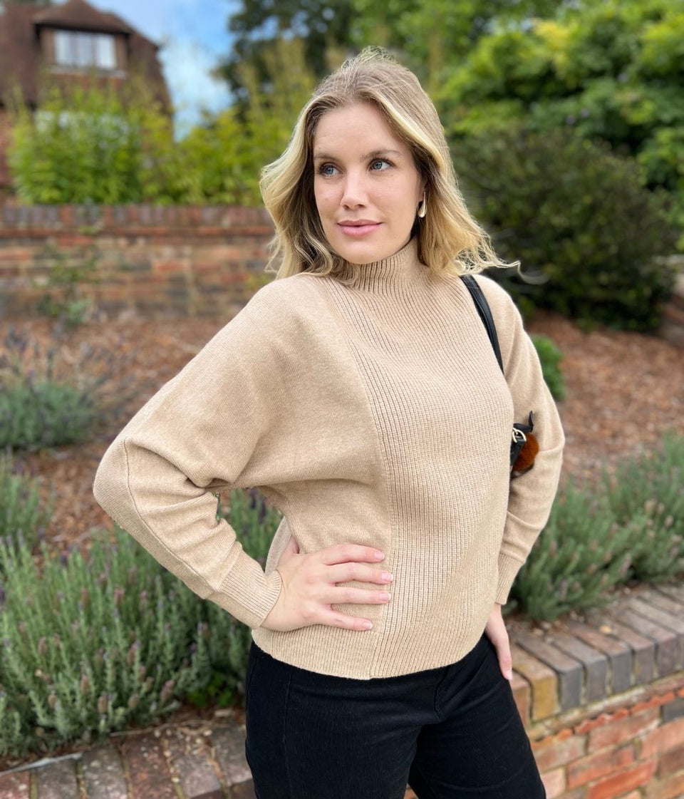 Camel Turtle Neck Ribbed Batwing Jumper