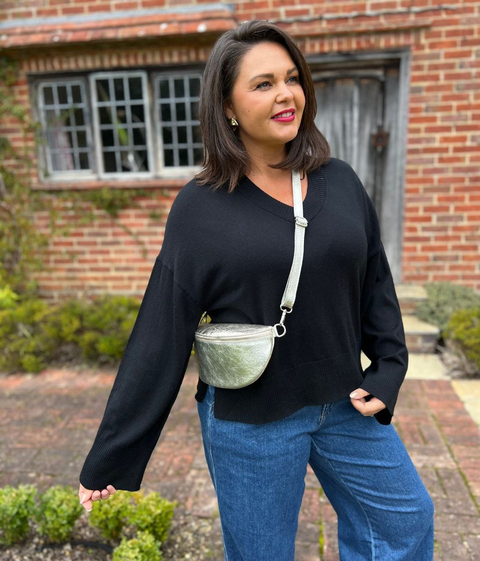 Black V Neck Fine Merino Wool Jumper