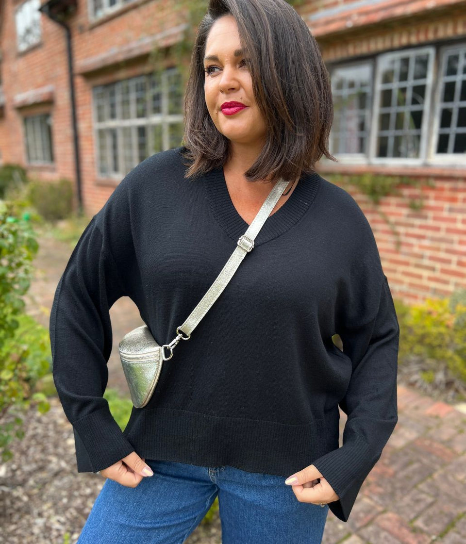 Black V Neck Fine Merino Wool Jumper