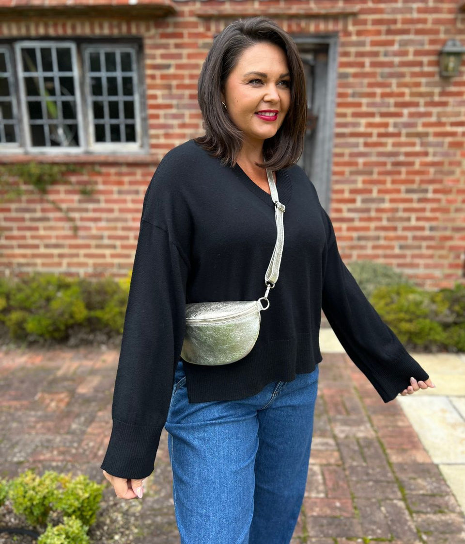 Black V Neck Fine Merino Wool Jumper