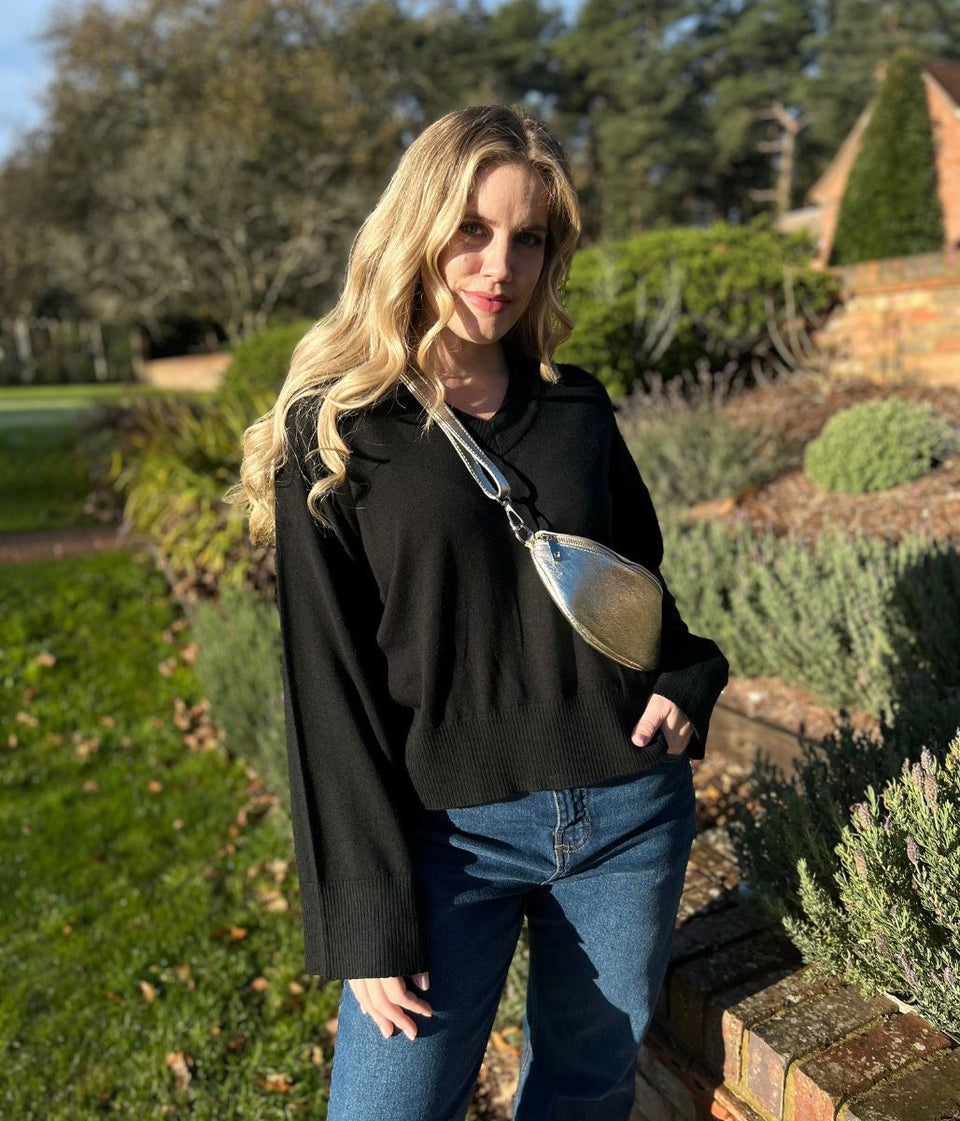 Black V Neck Fine Merino Wool Jumper