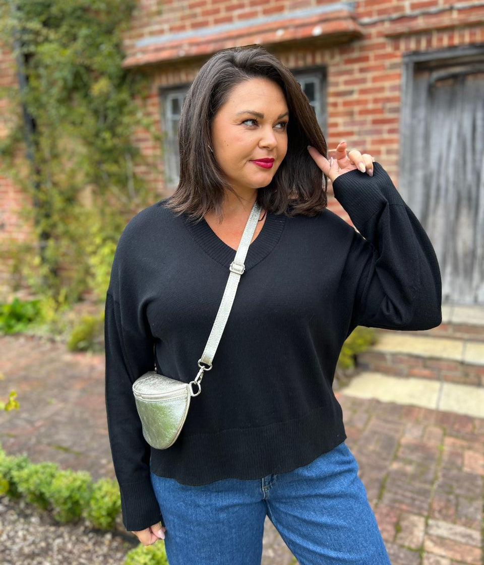 Black V Neck Fine Merino Wool Jumper