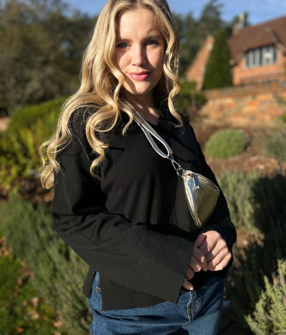 Black V Neck Fine Merino Wool Jumper