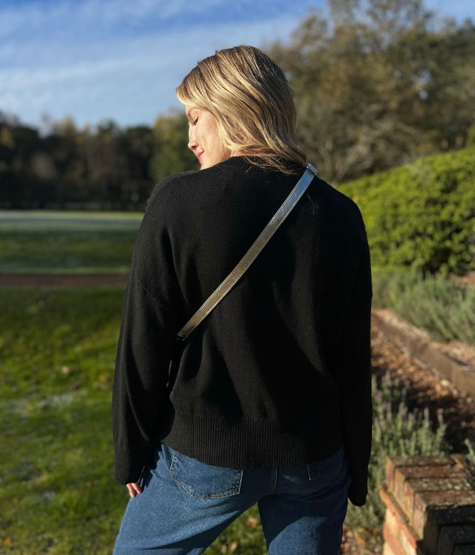 Black V Neck Fine Merino Wool Jumper