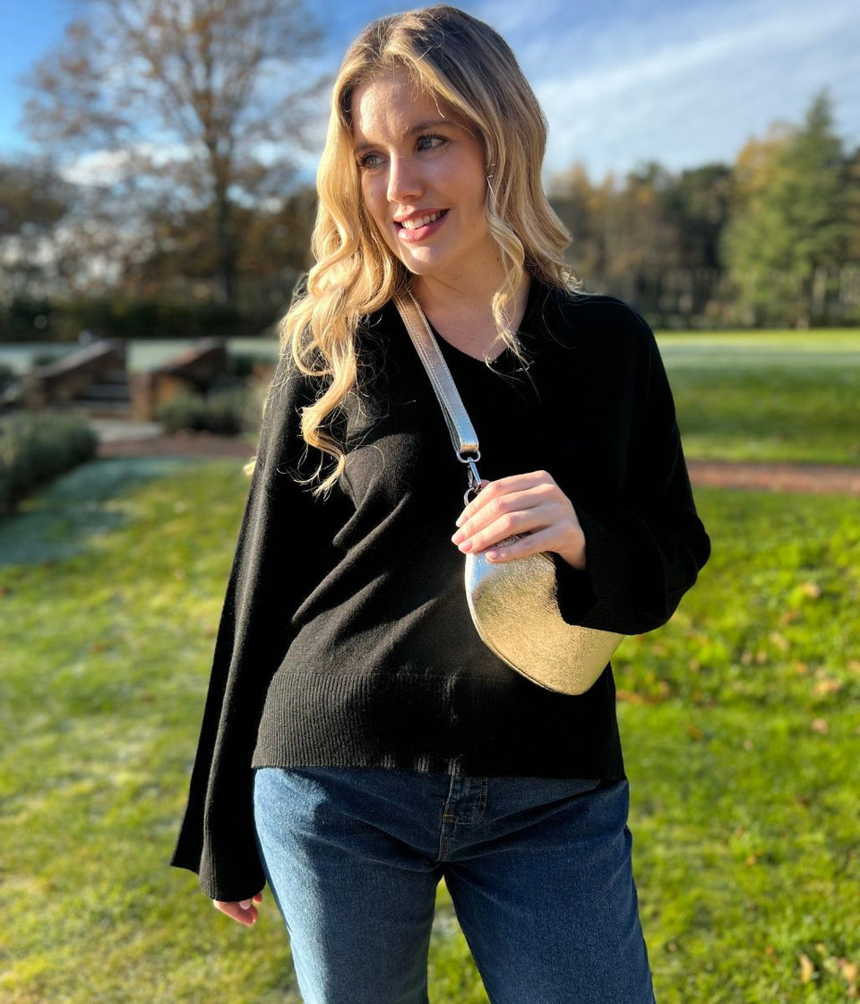 Black V Neck Fine Merino Wool Jumper