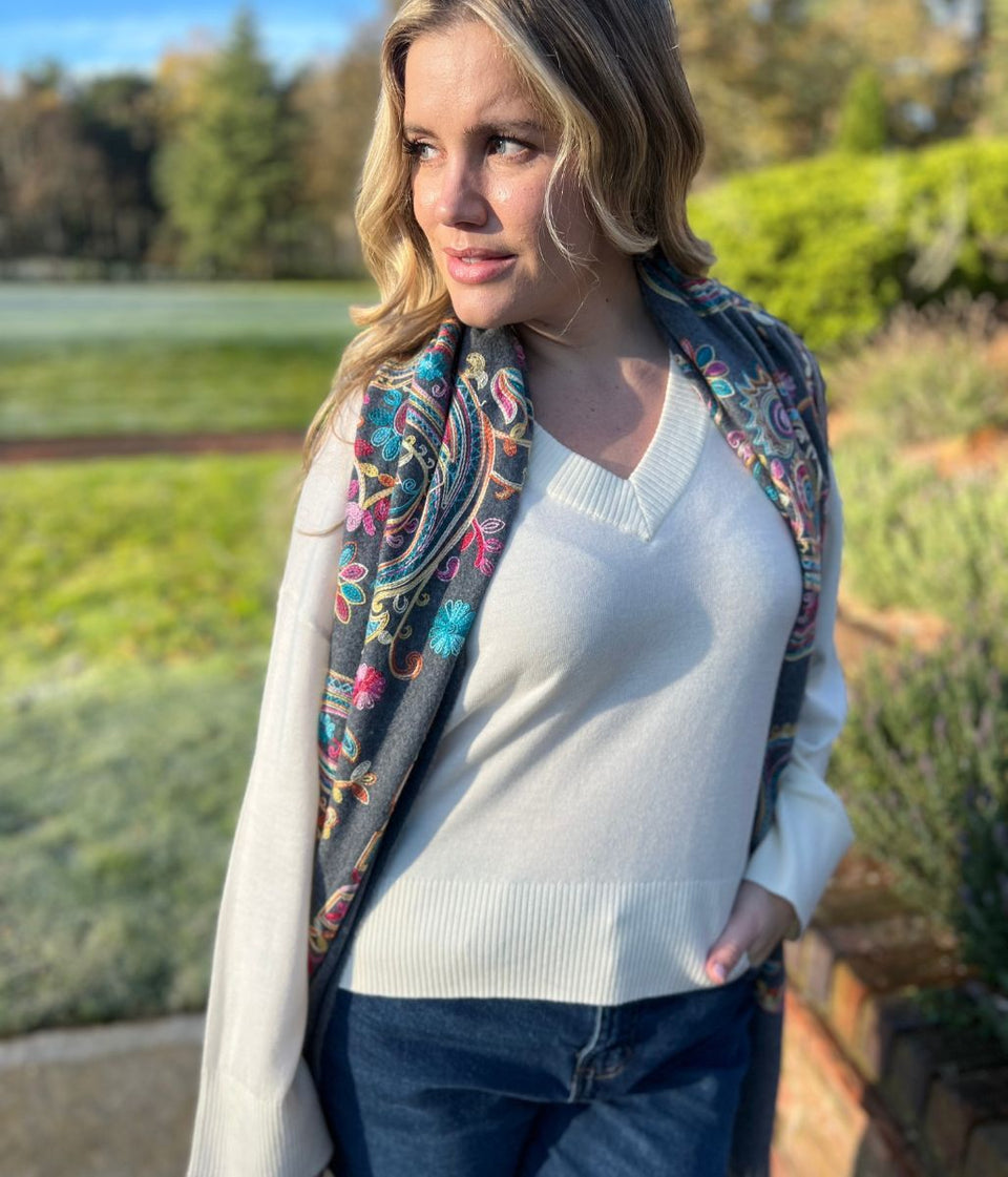 Ivory V Neck Fine Merino Wool Jumper