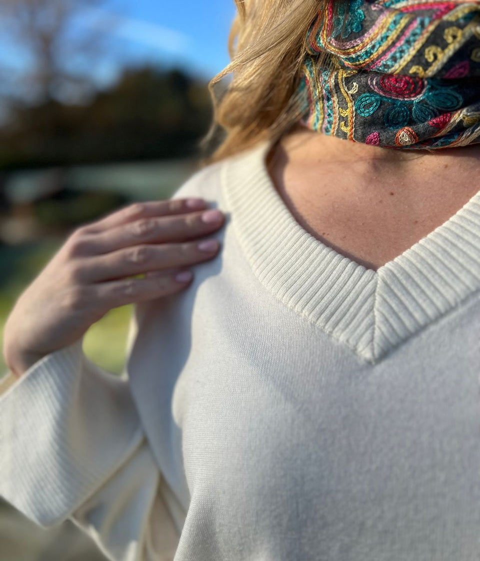 Ivory V Neck Fine Merino Wool Jumper
