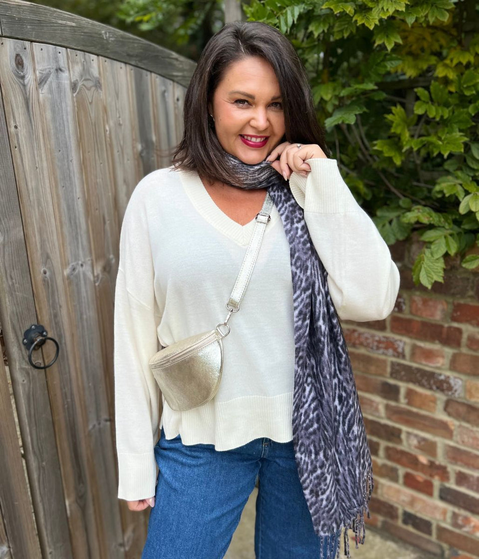 Ivory V Neck Fine Merino Wool Jumper
