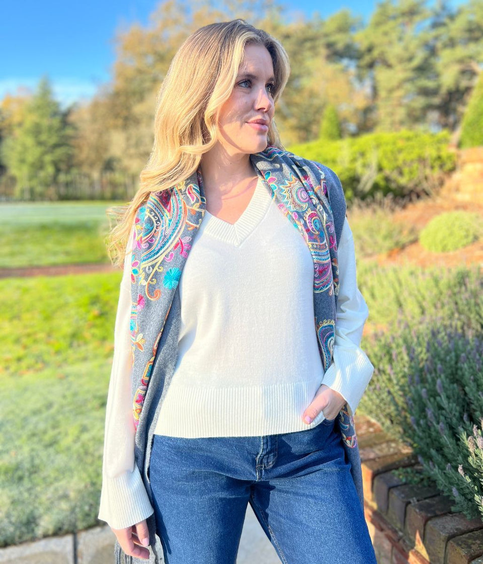 Ivory V Neck Fine Merino Wool Jumper