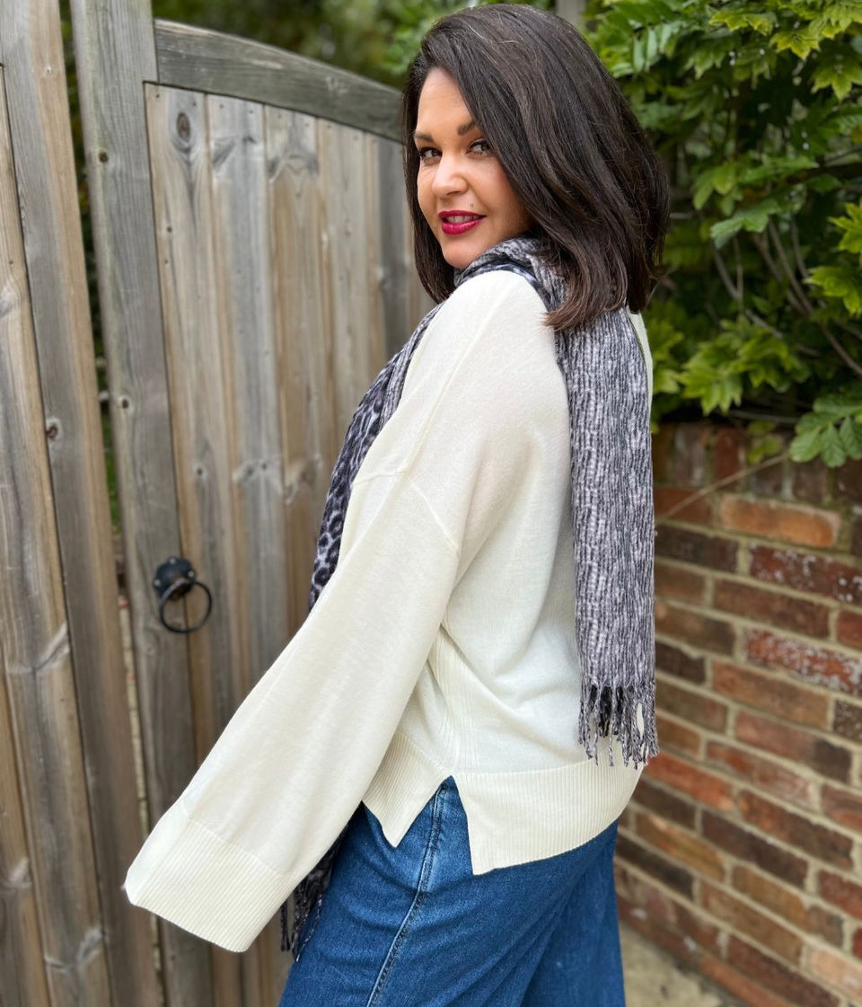 Ivory V Neck Fine Merino Wool Jumper