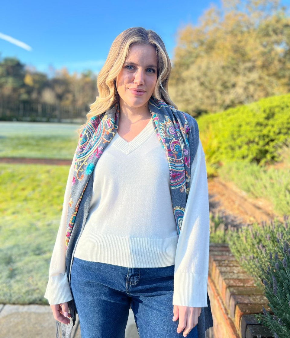 Ivory V Neck Fine Merino Wool Jumper