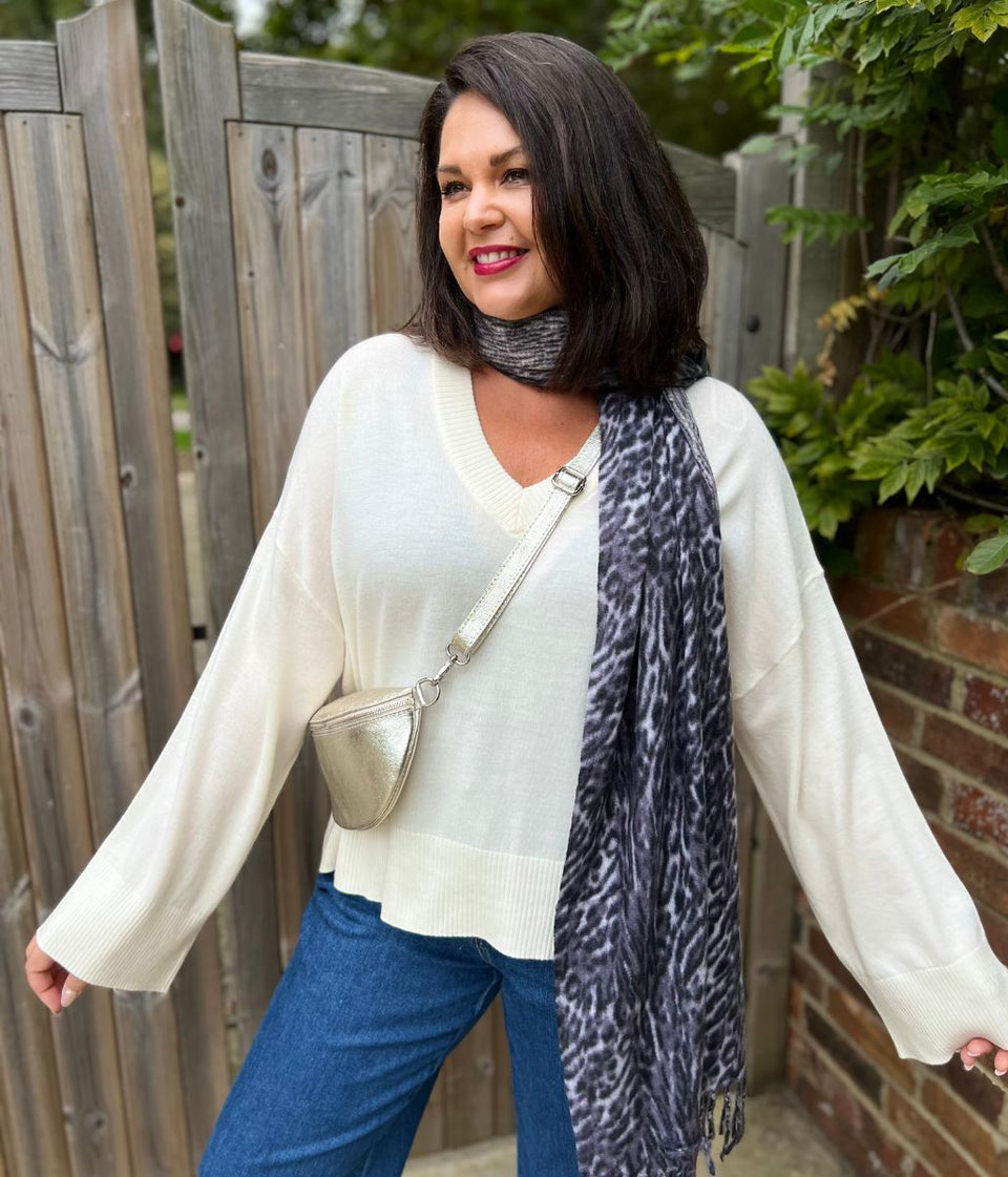 Ivory V Neck Fine Merino Wool Jumper