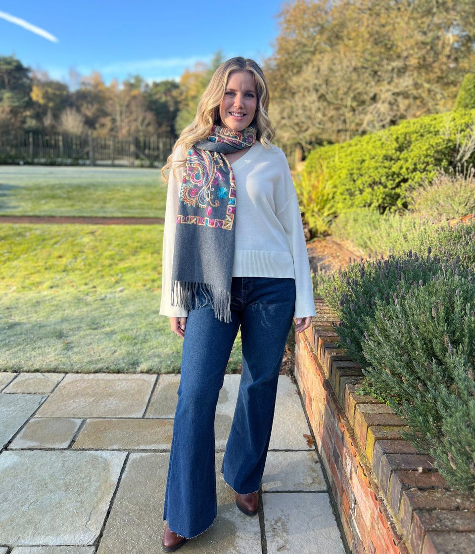 Ivory V Neck Fine Merino Wool Jumper