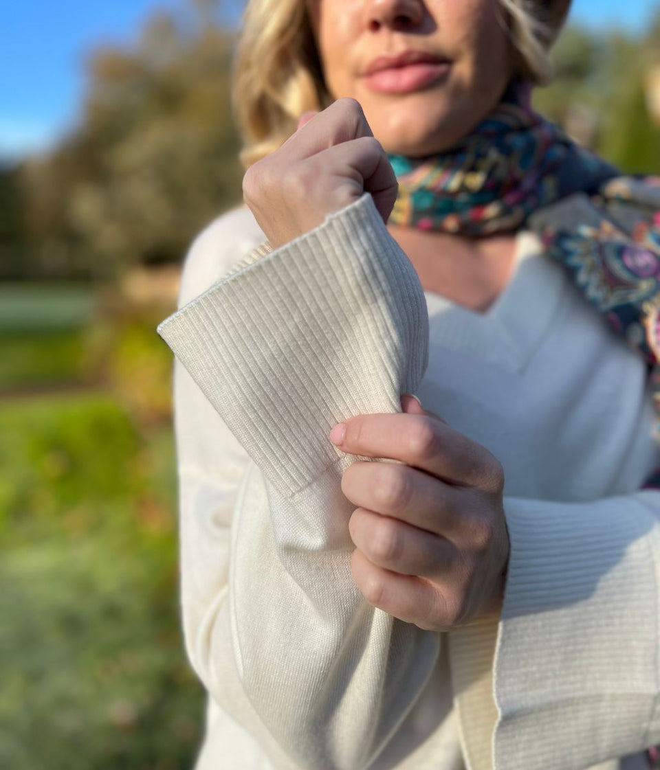 Ivory V Neck Fine Merino Wool Jumper