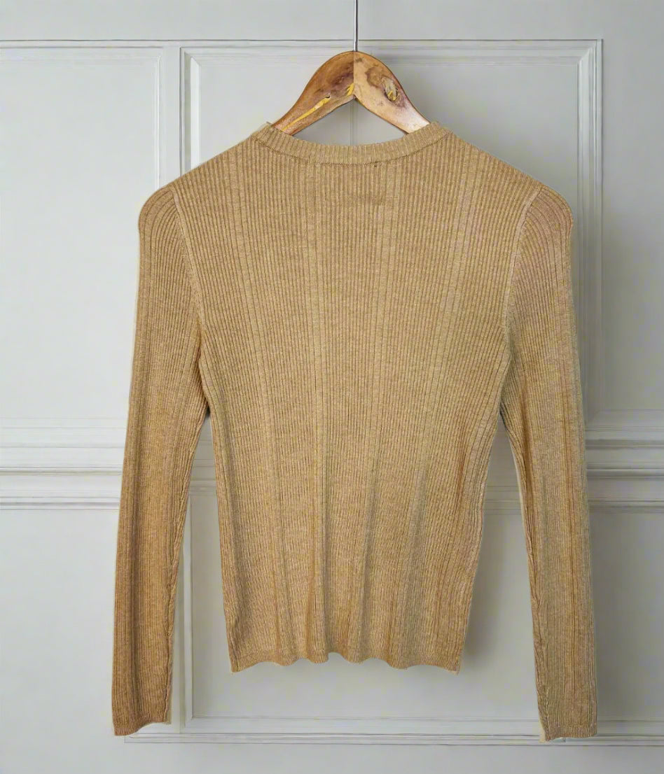 Camel Ribbed Crew Neck Jumper