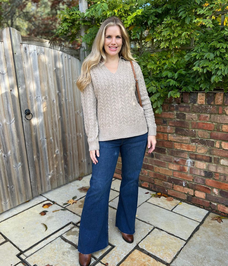 Beige Collared Cable Knit V Neck Jumper