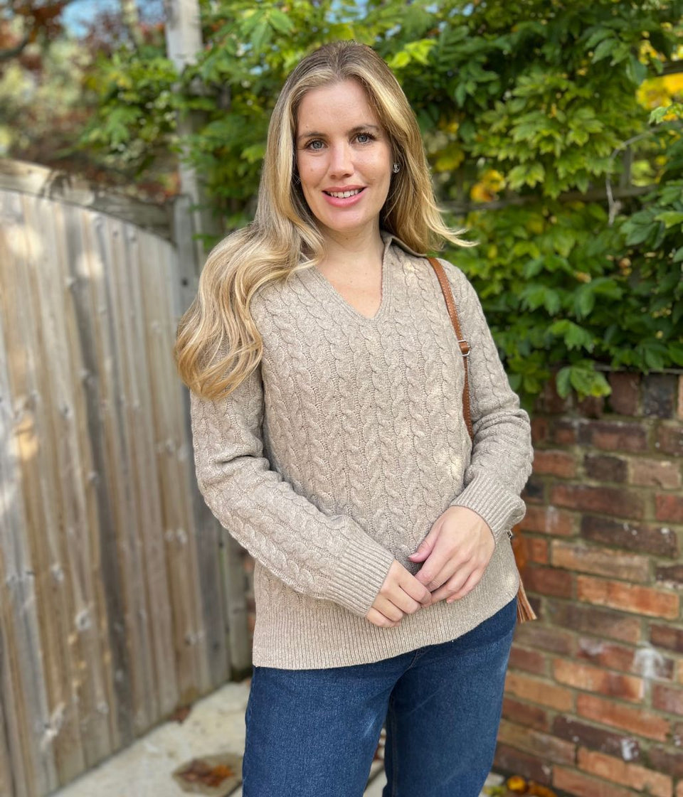 Beige Collared Cable Knit V Neck Jumper
