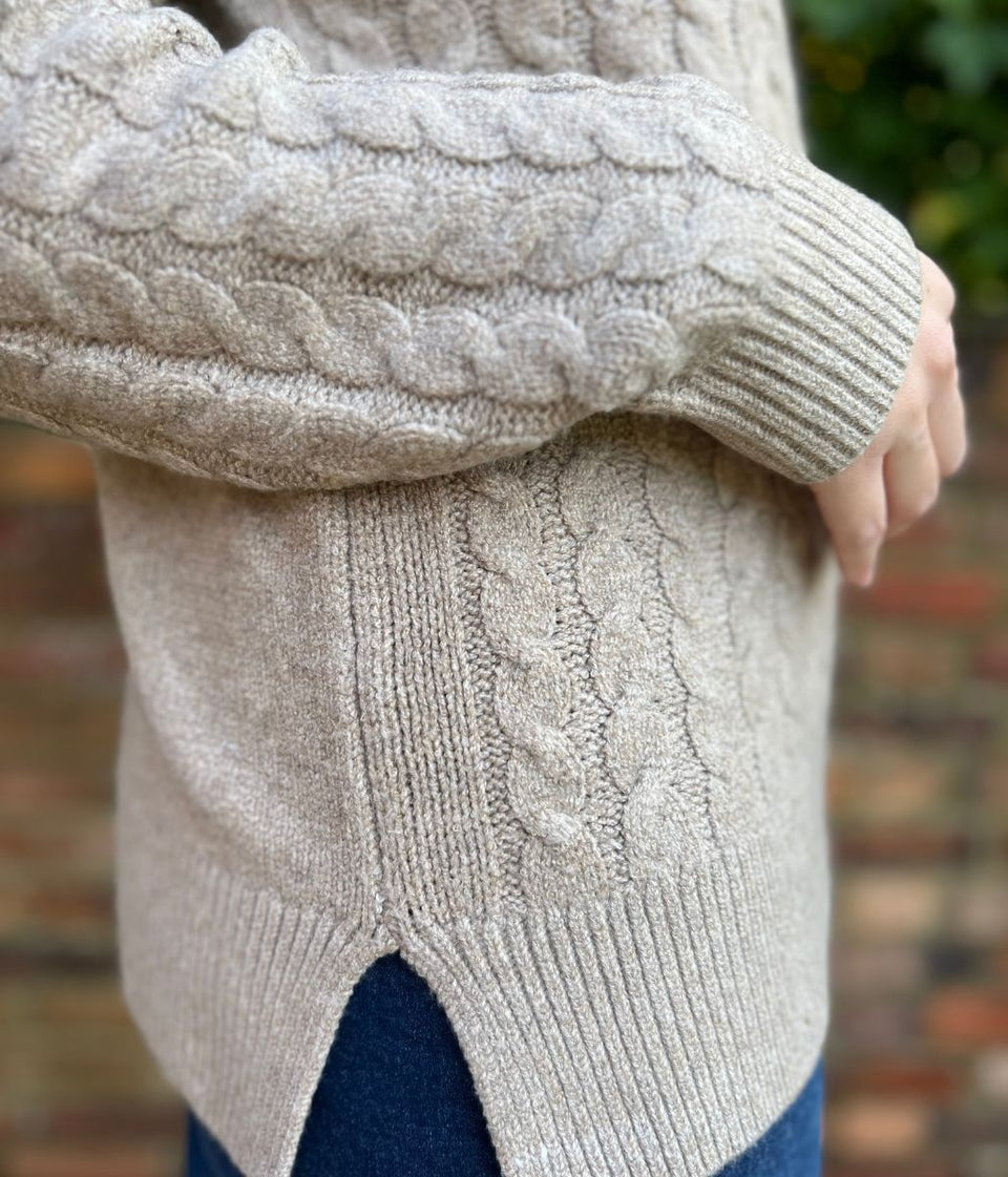 Beige Collared Cable Knit V Neck Jumper