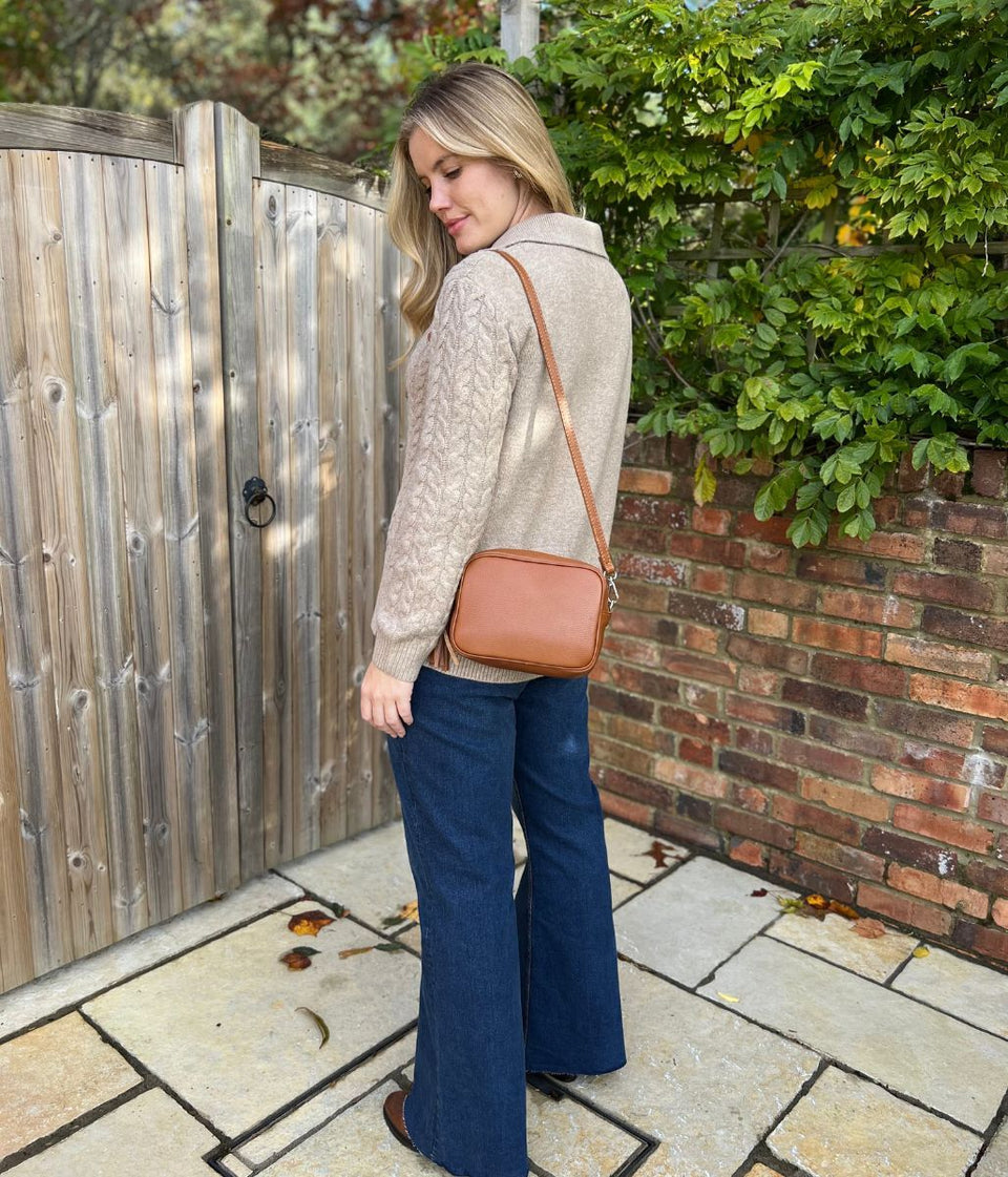 Beige Collared Cable Knit V Neck Jumper