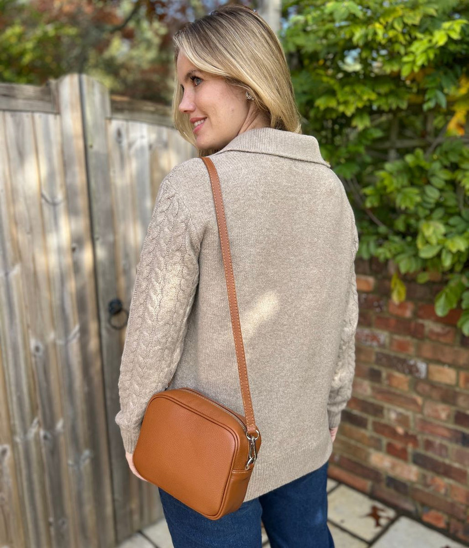 Beige Collared Cable Knit V Neck Jumper