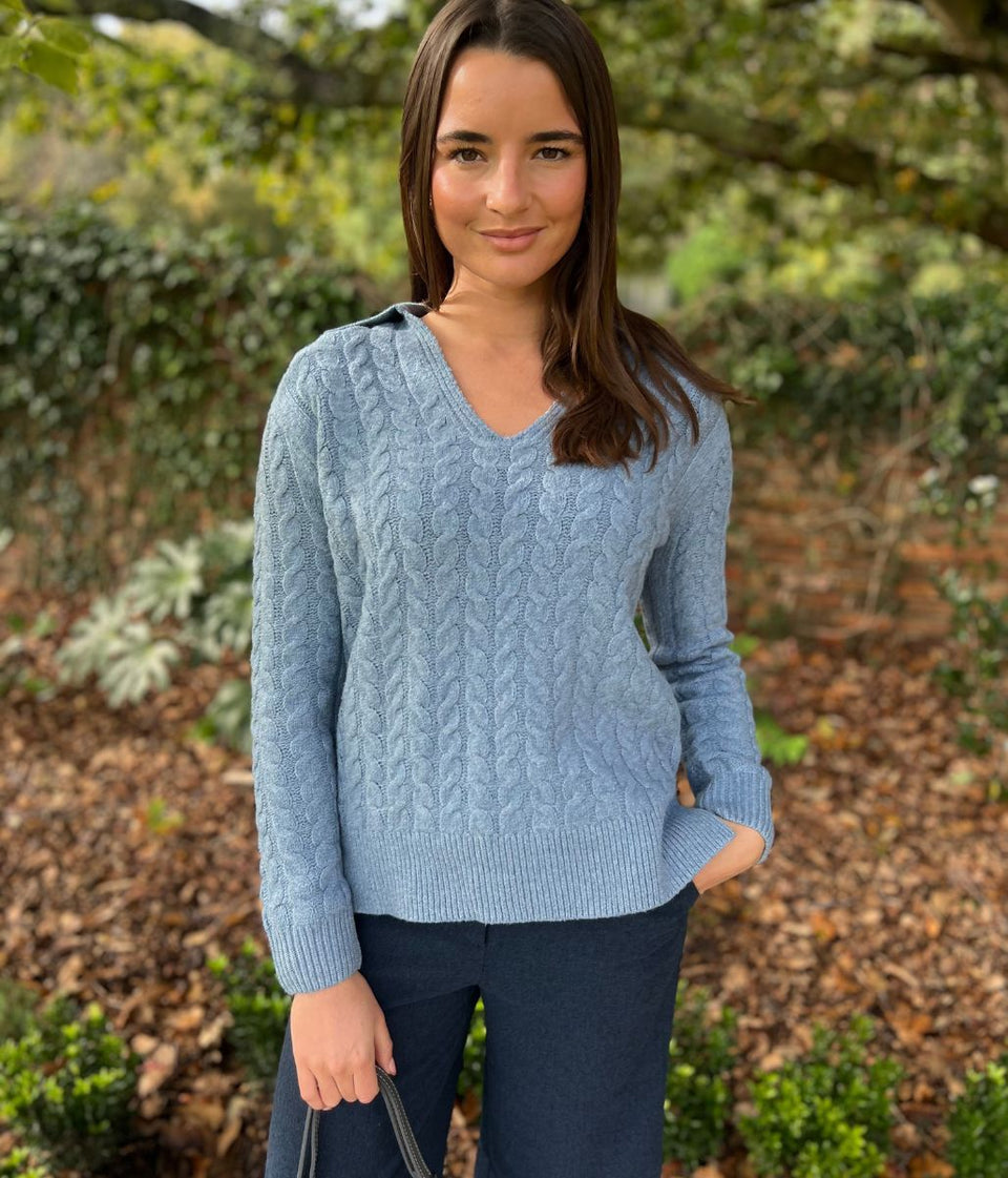 Blue Collared Cable Knit V Neck Jumper